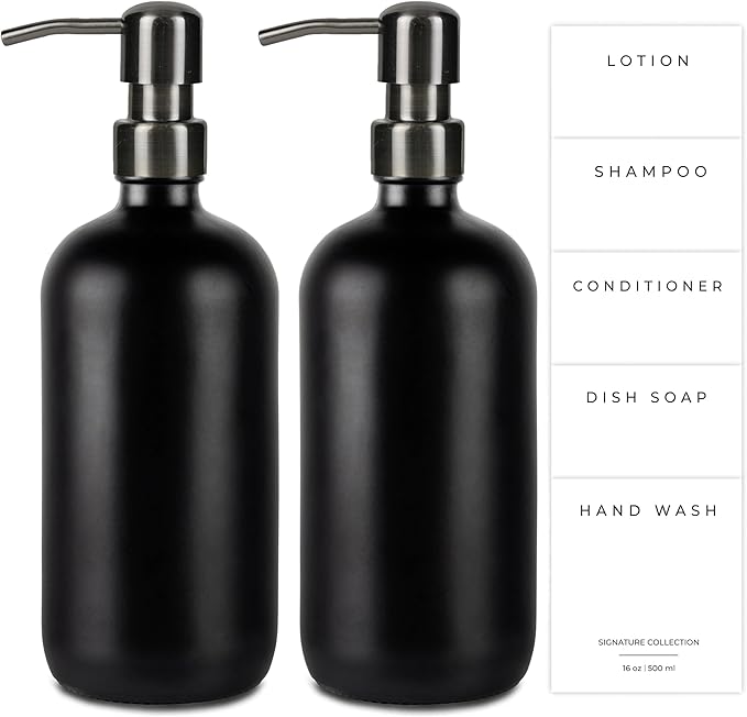 Emerson Essentials Glass Soap Bottle Dispensers, 2 Pack, Stainless-Steel Pumps by Emerson+Essentials