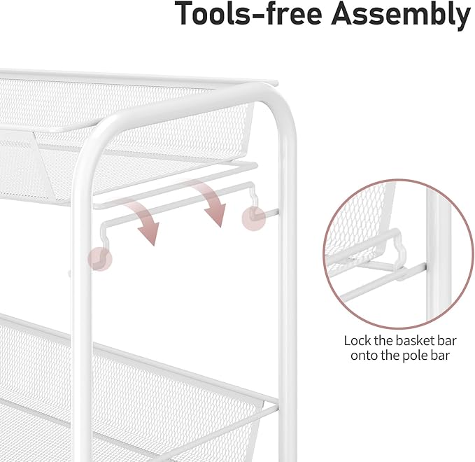 TOOLF 3-Tier Metal Rolling Cart, Mesh Wire Easy Assemble Utility Cart, Storage - Image 3