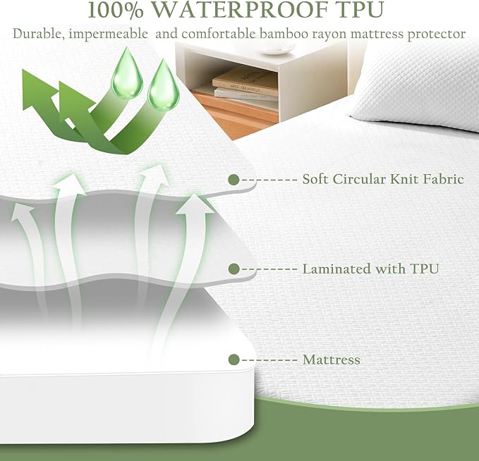 100% Waterproof Full Mattress Protector, Breathable Bamboo Rayon Mattress Cover - Image 4