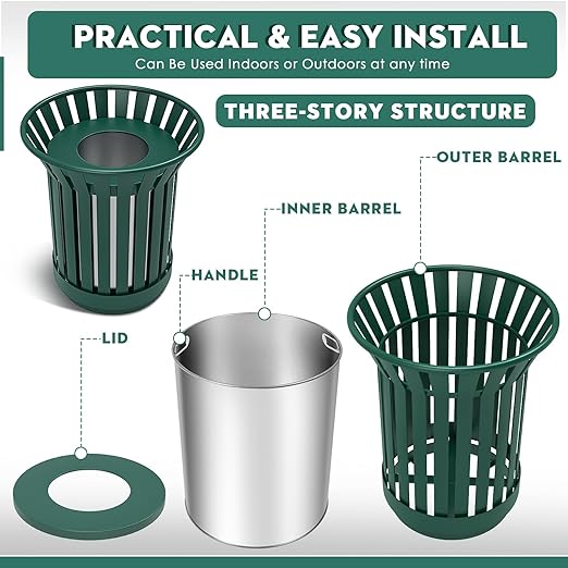 Round Heavy Duty Outdoor Trash Can, Large Metal Slatted Garbage Can - Image 6