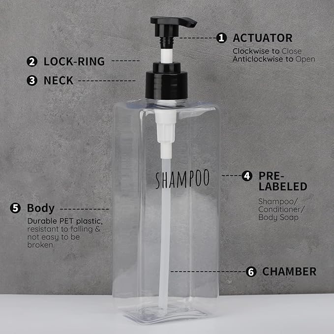 Segbeauty Clear Square Shampoo Bottles, 500ml Empty Reusable Bathroom Shower - Image 3
