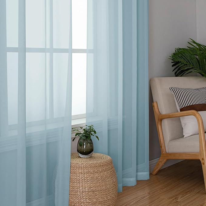 Chyhomenyc Sky Blue Sheer Curtains 54 Inch Long 2 Panels, Light Filtering Rod - Image 4