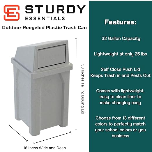 32 Gallon Square 100% Recycled Plastic Heavy Duty Outdoor Trash Can - Image 2