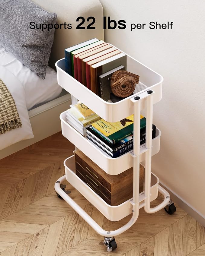 Pipishell 3 Tier Metal Rolling Utility Cart, Heavy-Duty Storage Rolling Cart - Image 3