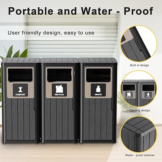 Outdoor Three Barrel Trash Can, Waterproof Resin Garbage Can - Image 6