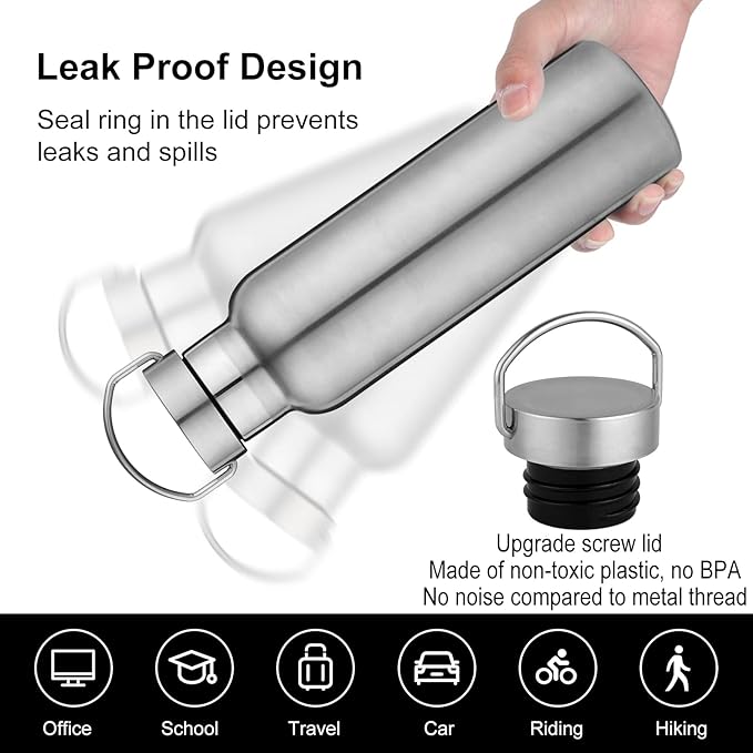 Neihepal Silver Stainless Steel Water Bottles, 20 Ounce Vacuum Insulated Double - Image 4