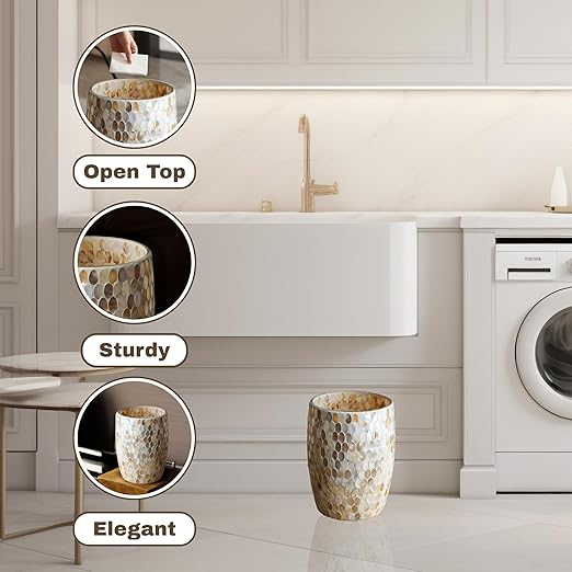 Escenzy Natural Shell Bathroom Trash Can Mosaic Glass 5L | Decorative Small - Image 2