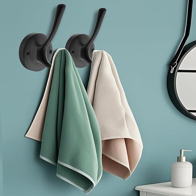 Black Towel Hooks, 2 Pack Coat Robe Hook Heavy Duty Metal Double Bathrobe Hook - Image 7
