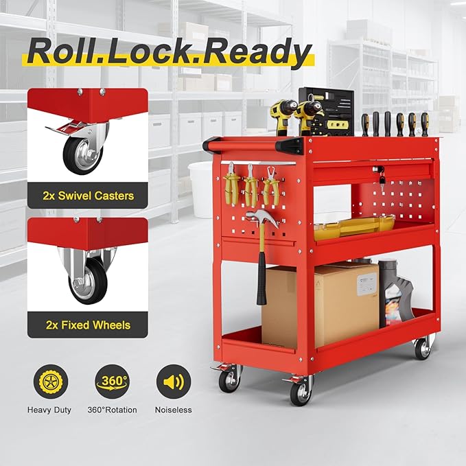 3-Tier Rolling Tool Cart with Drawers, Heavy Duty Utility Storage Cart with - Image 4