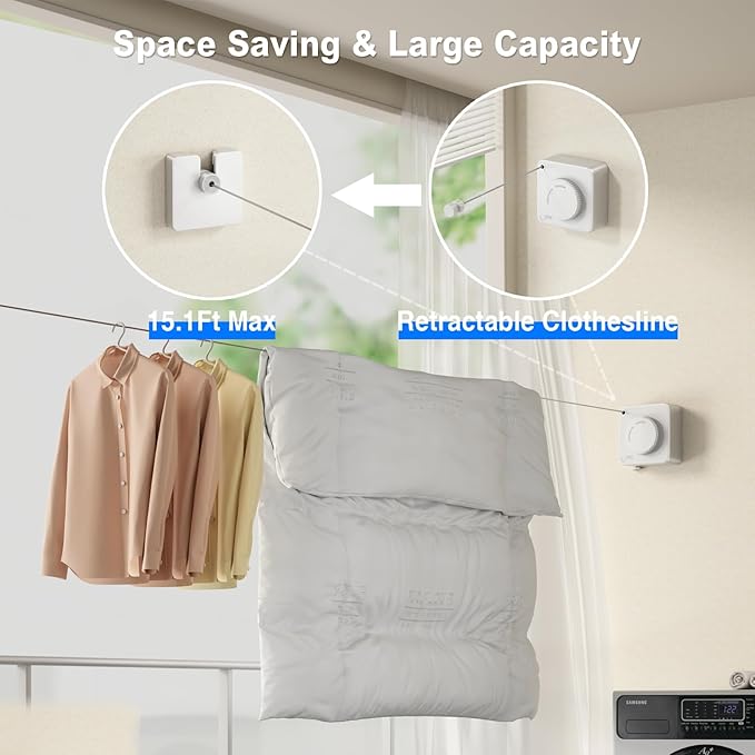 Retractable Clothesline Indoor, Non-Sagging Outdoor Clothes Line Retracting - Image 2