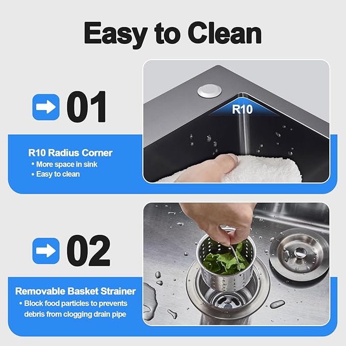 22x18 Inch Drop in Kitchen Sink, Handmade 304 Black Stainless Steel Sink - Image 7