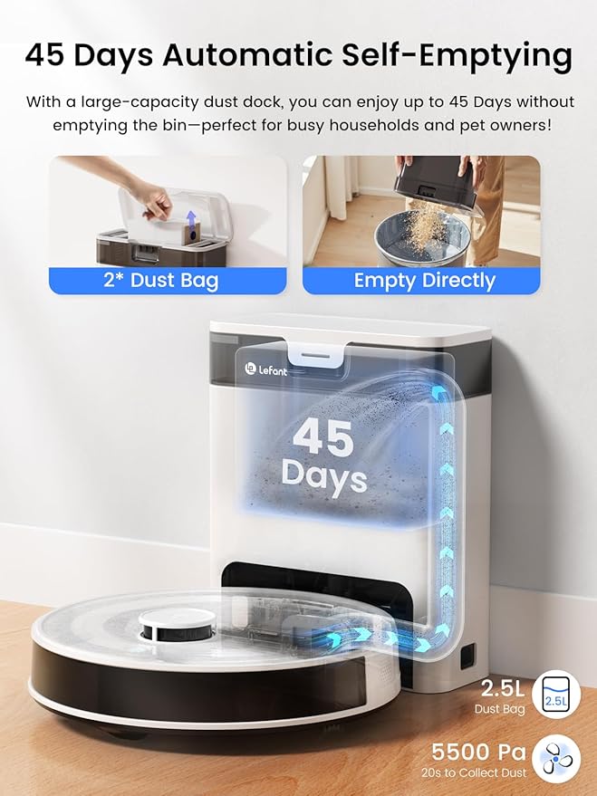 Lefant LiDAR Robot Vacuum and Mop, 45-Day Self-Emptying, 190° PSD Obstacle - Image 2