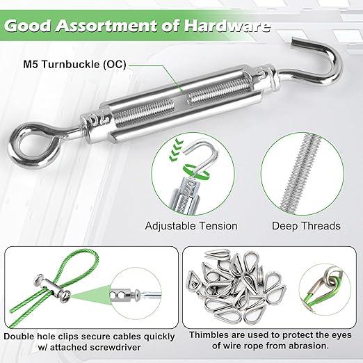 Turnbuckles for Cables Wire, 1/8" X 100Ft Green PVC Coated Wire Rope Kit - Image 4
