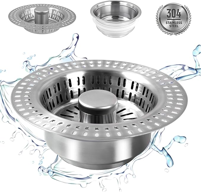 3 in 1 Kitchen Sink Drain Strainer Stopper, Stainless Steel Pop Up Sink Stopper by Goeveo