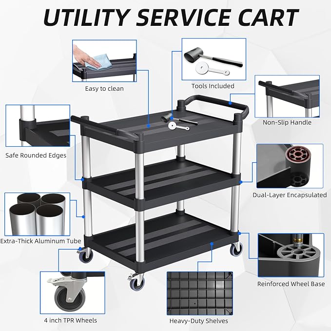 Plastic Utility Carts with Wheels, 3-Tier Rolling Service Cart, 300 lbs Heavy - Image 5