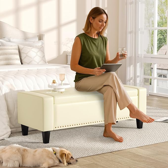48.8" Storage Ottoman Bench Cream White | Faux Leather Bedroom Bench - Image 3