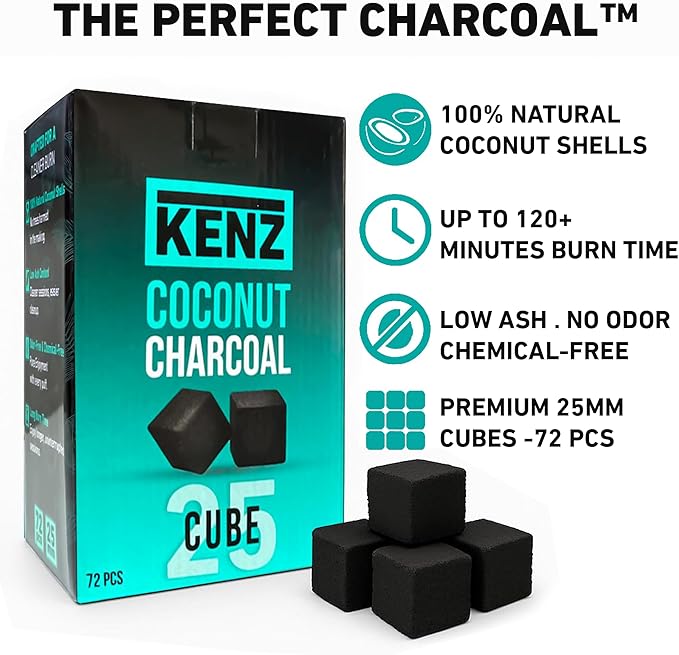 KENZ Charcoal Cubes, 25mm Low Ash Coconut Charcoal Briquettes, 100% Natural - Image 2