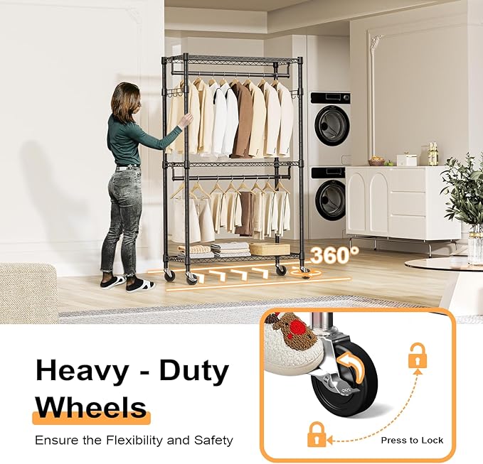 Heavy Duty Rolling Garment Rack 3 Tiers Adjustable Wire Shelving Clothes Rack - Image 4