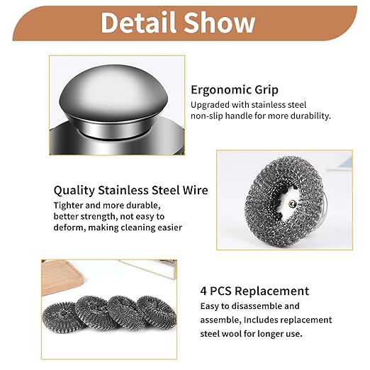 5Pcs Steel Wool Scrubber with Replacement Wire Sponge Pads Set, Stainless Steel - Image 2