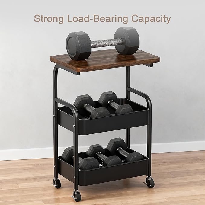 Rolling Cart with Wooden Tabletop 3-Tier Metal Utility Rolling Cart Storage - Image 7
