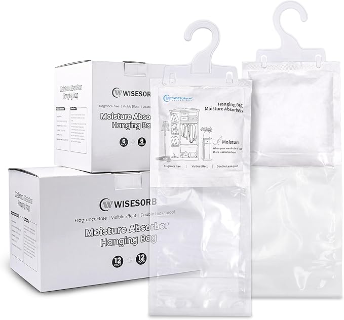 Moisture Absorber Hanging Bags 12 Pack - 7 oz Fragrance-Free Dehumidifier by Wisesorb