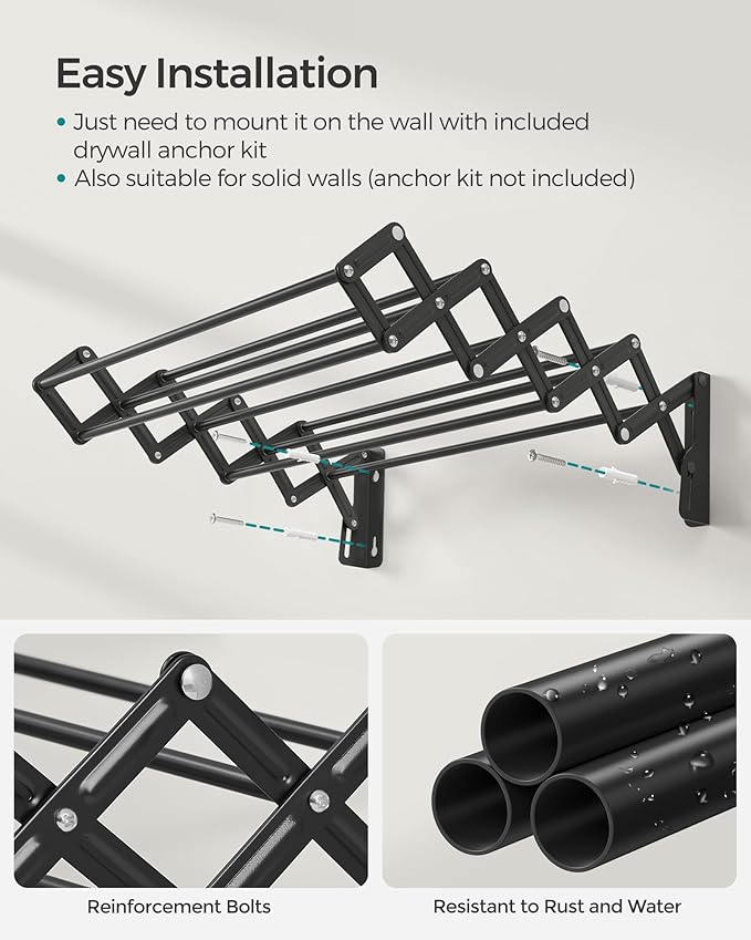 SONGMICS Clothes Drying Rack, Wall-Mounted Drying Rack Clothing, Small - Image 7