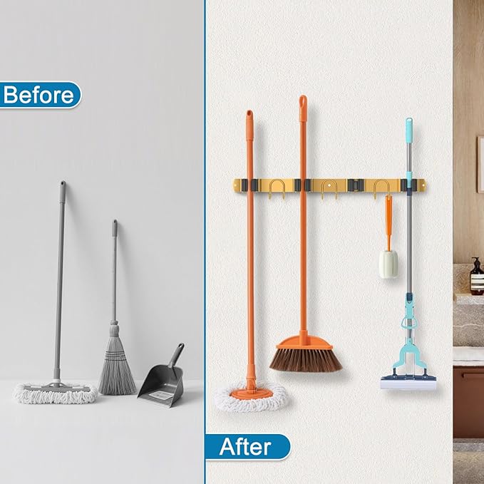Mop Broom Holder Wall Mount, 2 Packs Gold Stainless Steel Tool Storage Organizer - Image 6