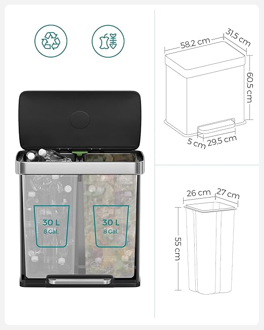 SONGMICS Kitchen Trash Can, 16 Gallon Dual Compartment Garbage Can, 60L Pedal - Image 3