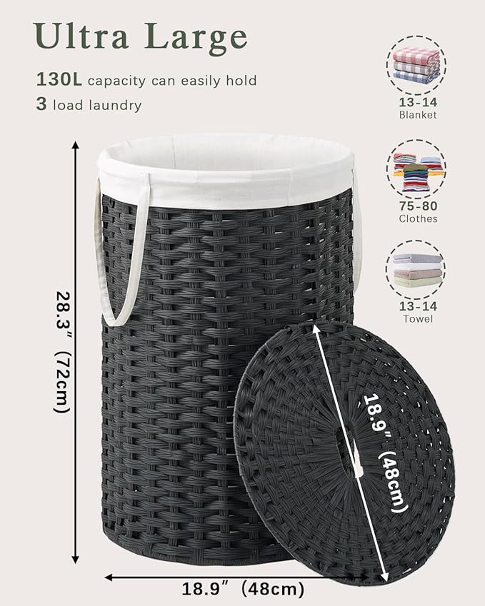 Large Laundry Hamper Laundry Basket Round 34.3 Gal Handwoven Wicker Laundry - Image 4