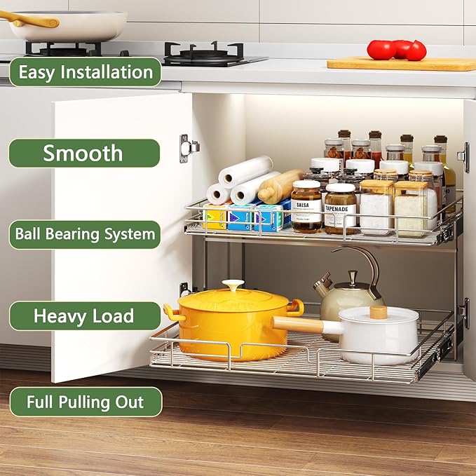2 Tier Individual Pull Out Cabinet Organizer 31½" W x 21½" D, Heavy Duty - Image 2