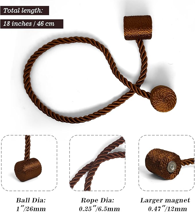 Hion Magnetic Curtain Tiebacks Dark Brown 4 Pack, Curtain Tiebacks Buckles - Image 2