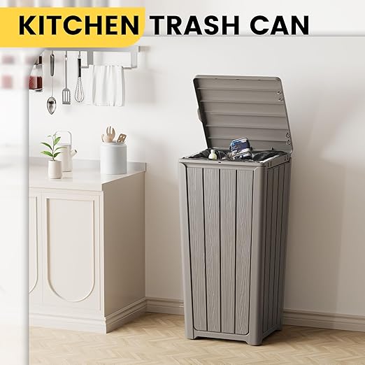 Outdoor Trash Can with Lid, Waterproof Resin Garbage Can with Tiered Lid - Image 3