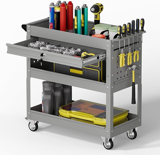 3 Tier Rolling Tool Cart with Drawers, 450 LBS Capacity Tool Cart on Wheels by Unknown