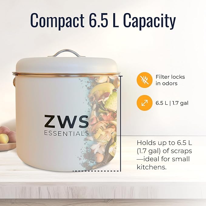 White Stainless Steel Compost Bin | 6.5L Odor-Free Kitchen Countertop Food - Image 6