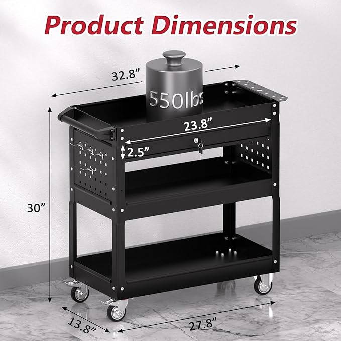 3 Tier Rolling Tool Cart on Wheels, Heavy Duty Service Cart Industrial Utility - Image 3