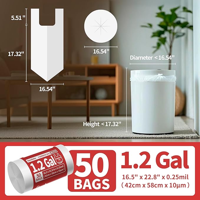 Small Trash Bags with Handles 1.2 Gallon 50 Count White - Image 6