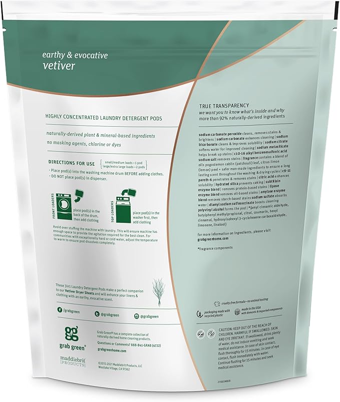 Grab Green 3-in-1 Laundry Detergent Pods, Vetiver Scent, Plant and Mineral Based - Image 3