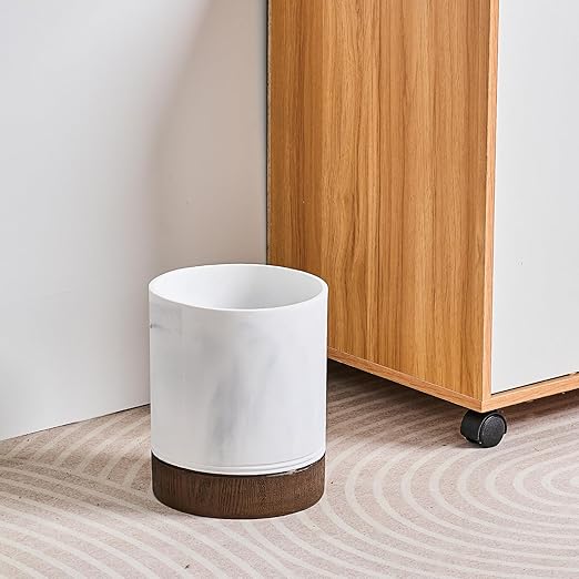 Polytree White Marble and Brown Wood Round Wastebasket, Resin Small Round - Image 2