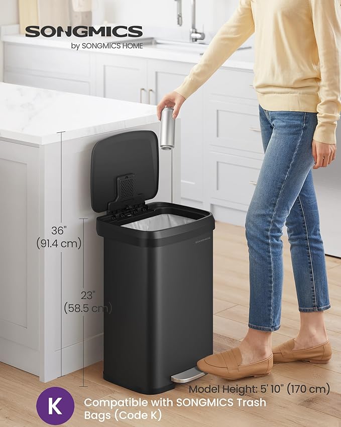 SONGMICS Kitchen Trash Can, 13 Gallon Stainless Steel Garbage Can, - Image 3