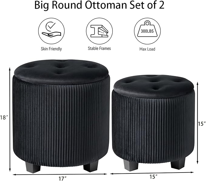 Big Round Ottoman with Storage Set of 2, Upholstered Velvet Vanity Stool - Image 3