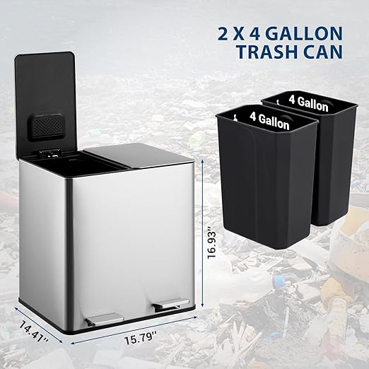 GarveeHome Dual Trash Can, 2x4 Gallon Stainless Steel Step Trash Can, - Image 5