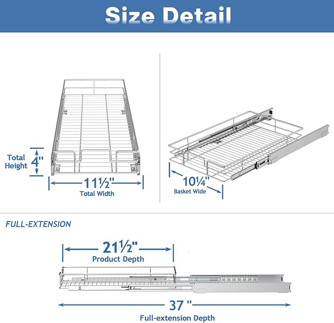 Pull Out Cabinet Organizer 11½" W x 21½" D, Heavy Duty Cabinet Pull Out Shelves - Image 3