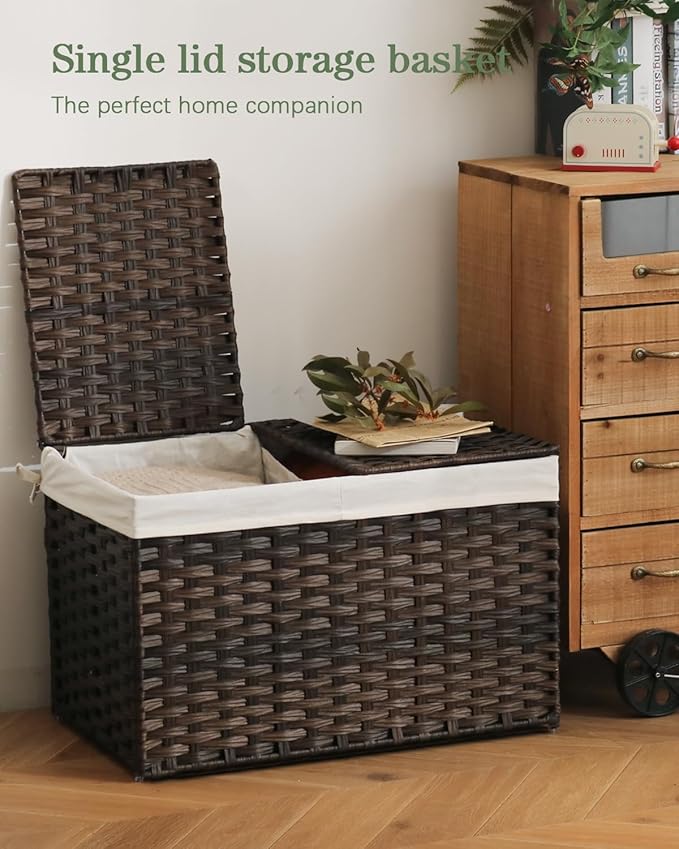 Storage Basket with Lid Rattan Storage Basket with 2 Separate Lid, 27.8 Gallon - Image 2