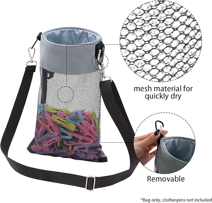 Mesh Clothespin Bag with Hooks Hanging Clothes Pin Bag with Drawstring Closure - Image 4
