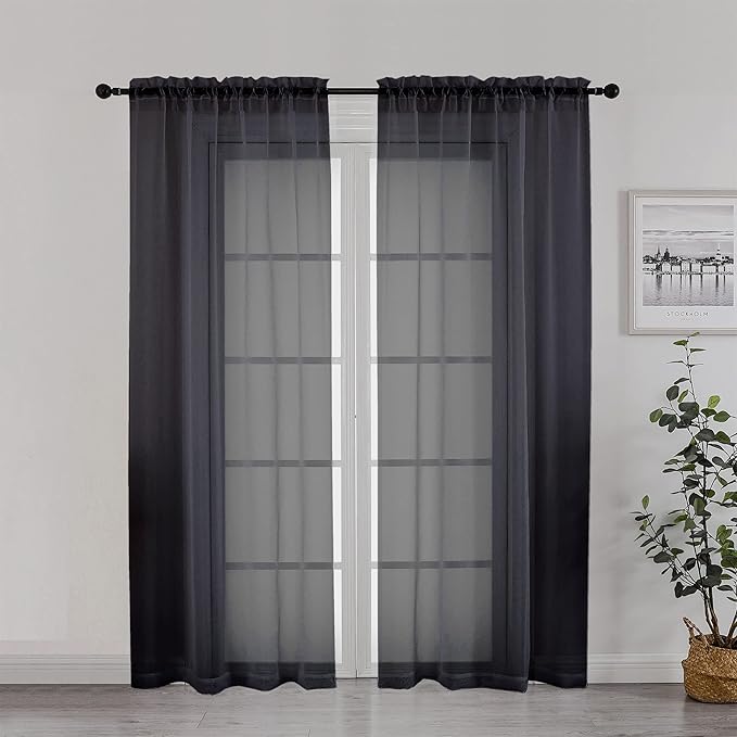 Chyhomenyc Black Sheer Curtain 72 Inches Length 2 Panels, Voile Top Dual Rod by Chyhomenyc