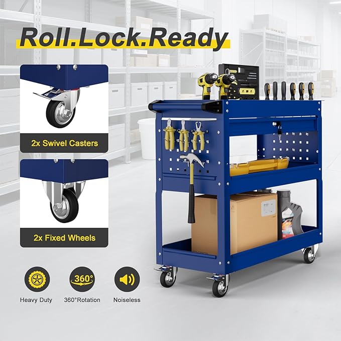 3-Tier Rolling Tool Cart with Drawers, Heavy Duty Utility Storage Cart with - Image 4
