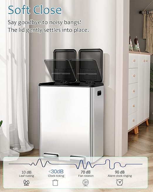 16 Gal Dual Trash Can, Stainless Steel Kitchen Garbage Bin, Recycle Dustbin - Image 3