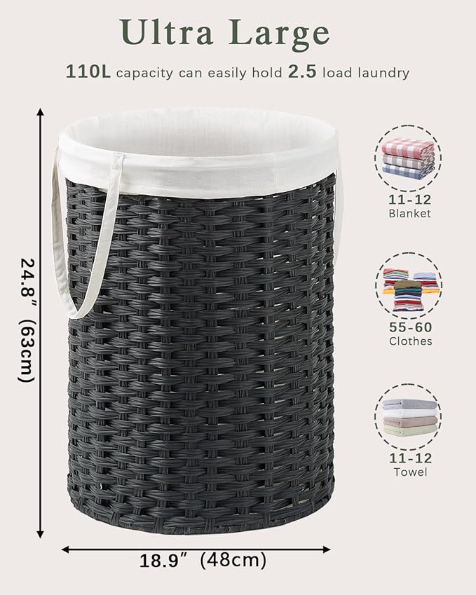 Laundry Basket Round Rattan Laundry Hamper 29.1 Gal Handwoven Large Wicker - Image 5