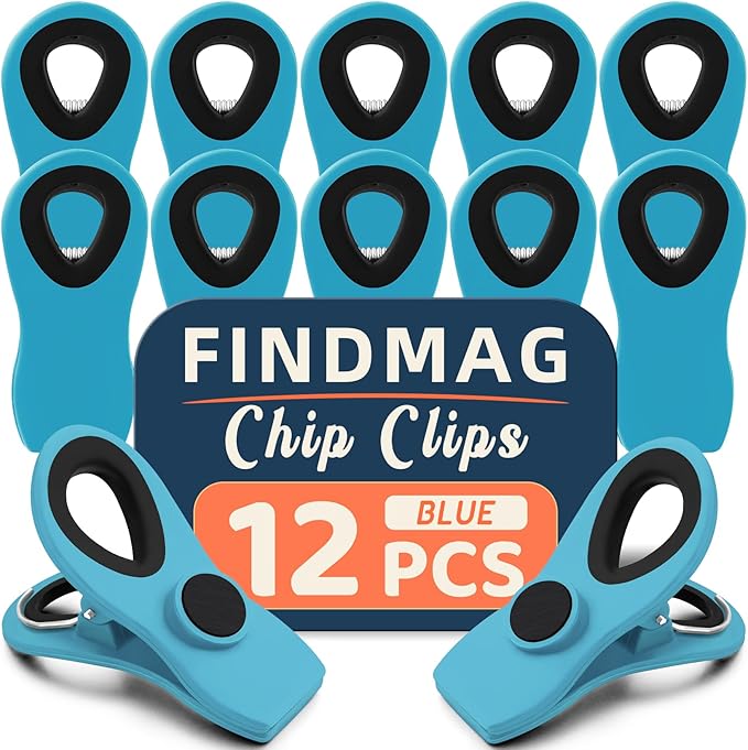 FINDMAG 12 Pack Chip Clips, Big Food Clips Blue Magnetic Clip, Magnetic Bag by FINDMAG
