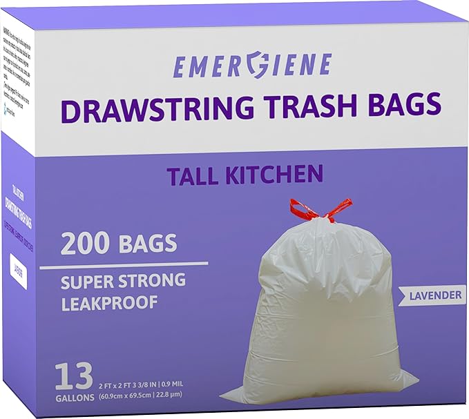 13 Gallon Drawstring Trash Bags, Lavender Scented 200 Count Tall Kichen Garbage by Emergiene